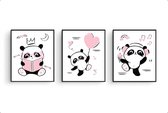 Poster Set 3 Panda boek lezen ballon en muziek luisteren - Roze Hartje / Meisje / 80x60cm