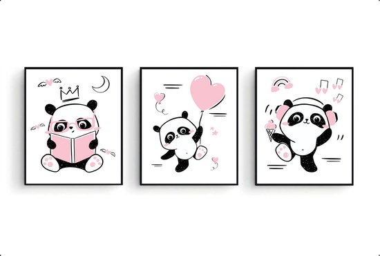 Poster Set 3 Panda boek lezen ballon en muziek luisteren - Roze Hartje / Meisje / 80x60cm