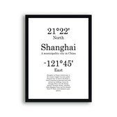 Schilderij  Steden Shanghai met graden positie en tekst - Minimalistisch / Motivatie / Teksten / 40x30cm