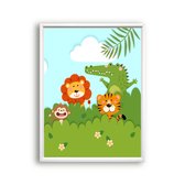 Schilderij  Dieren in de bosjes leeuw tijger aapje krokodil - rechts / Bos / 50x40cm