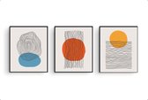 Poster Set 3 Abstracte lijnen kunst zon met mist en water / Lijnen / 40x30cm