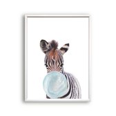 Schilderij  Jungle zebra met blauwe kauwgom - Jungle dieren / Kauwgombel / 50x40cm