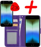 iPhone SE 2022 Hoesje Bookcase 2x Screenprotector - iPhone SE 2022 Case Hoes Cover - iPhone SE 2022 Screenprotector 2x - Paars