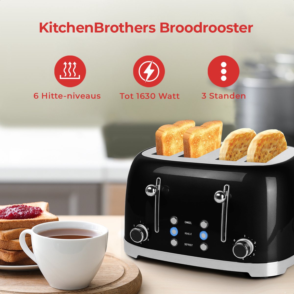 KitchenBrothers Retro Broodrooster - Toaster - 6 Warmteniveaus - 4 Sneden - 4 Extra Brede Sleuven - BPA-vrij - 1630W - Zwart thumbnail 2