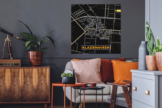 Stickers muraux - Klazienaveen - Carte - Black and Gold et Or - Plan de la ville - Carte - 50x50 cm - Feuille adhésive