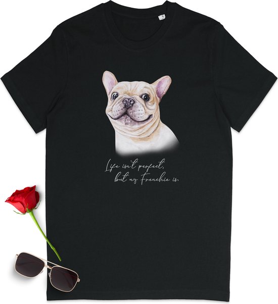 Franse Bulldog t Shirt - French Bulldog tshirt dames - t-shirt heren met dog print - vrouwen t shirt Franse Bulldog opdruk - Honden tshirt mannen en vrouwen - Unisex maten: S M L XL XXL XXXL - Shirt kleuren: Zwart en Paars.