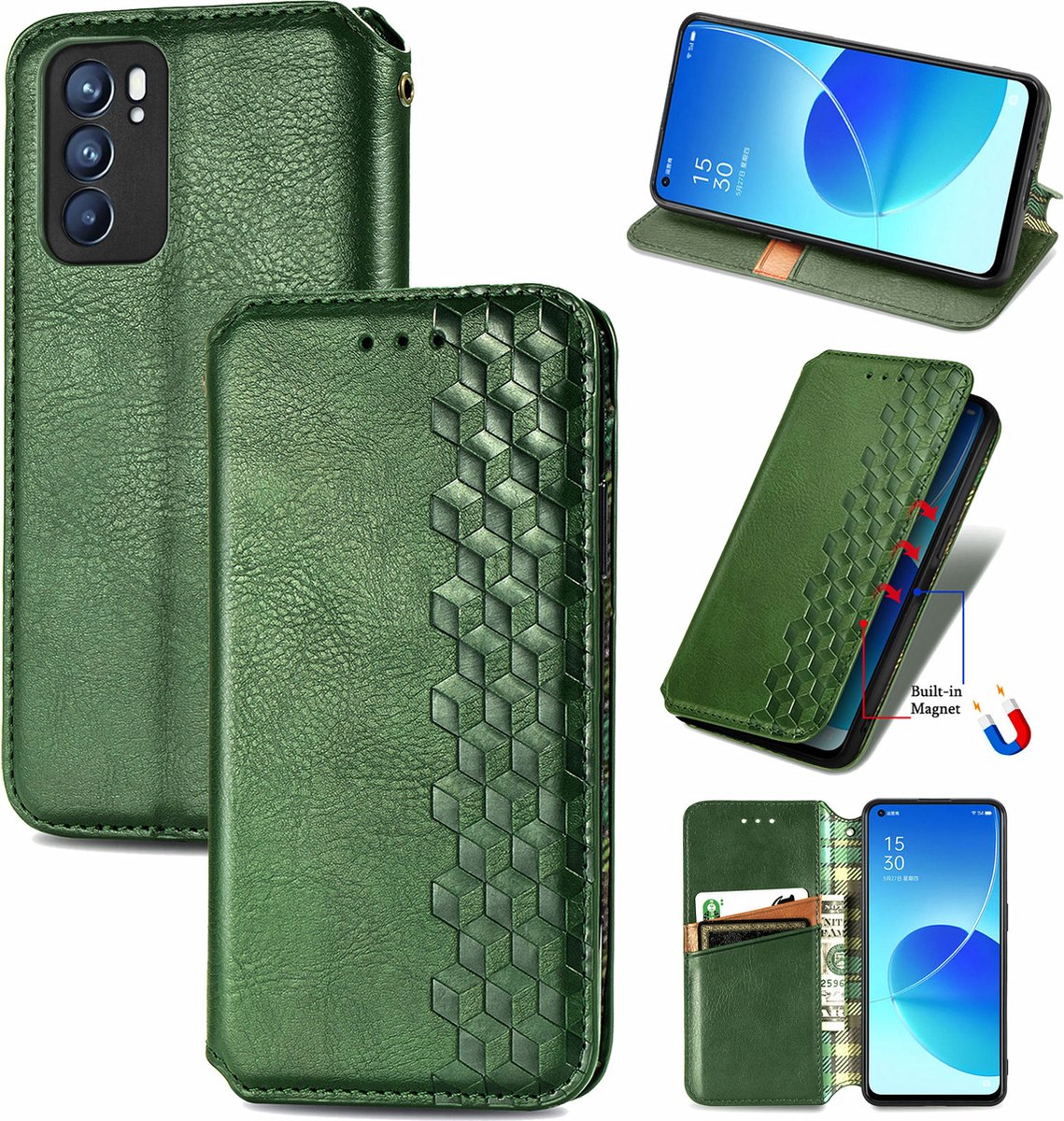 Luxe PU Lederen Ruitpatroon Wallet Case + PMMA Screenprotector voor OPPO Reno6 5G _ Groen