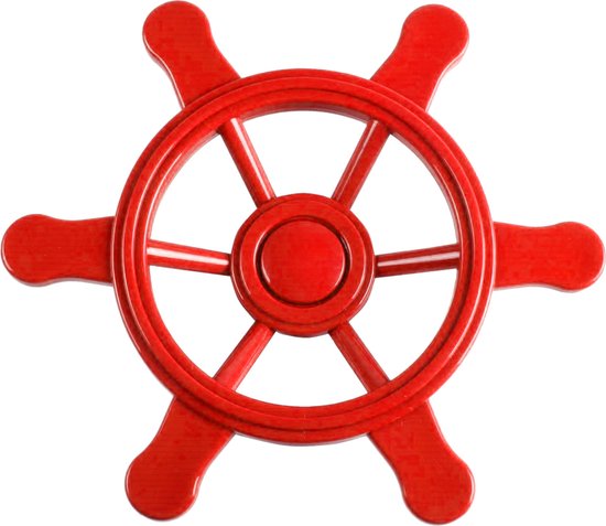 Rood piratenstuurwiel voor een speelhuisje met zes spaken en handvatten.
