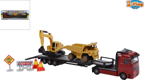 Rode dieplader met gele hijskraan en gele dump truck. Oranje kegels en waarschuwingsborden 'DANGER ZONE' en 'KEEP OUT' ernaast.