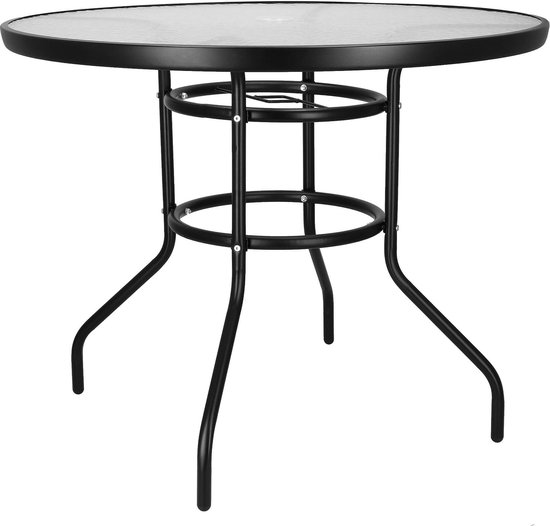 Table de jardin Springos | table d'extérieur | Table d'appoint d'extérieur | Métal | Verre trempé | Rond | 90 x 72 cm | Noir