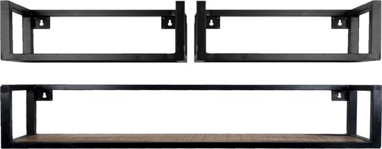 Drie zwarte metalen wandplanken, twee kleinere met open zijkanten en een grotere met houten bodem.