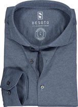 DESOTO slim fit overhemd - stretch pique tricot haifisch kraag - midden blauw melange - Strijkvrij - Boordmaat: 39/40