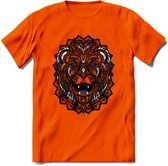 Leeuw - Dieren Mandala T-Shirt | Donkerblauw | Grappig Verjaardag Zentangle Dierenkop Cadeau Shirt | Dames - Heren - Unisex | Wildlife Tshirt Kleding Kado | - Oranje - 3XL