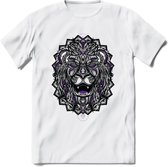 Leeuw - Dieren Mandala T-Shirt | Paars | Grappig Verjaardag Zentangle Dierenkop Cadeau Shirt | Dames - Heren - Unisex | Wildlife Tshirt Kleding Kado | - Wit - XXL