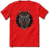 Uil - Dieren Mandala T-Shirt | Oranje | Grappig Verjaardag Zentangle Dierenkop Cadeau Shirt | Dames - Heren - Unisex | Wildlife Tshirt Kleding Kado | - Rood - L