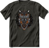 Uil - Dieren Mandala T-Shirt | Oranje | Grappig Verjaardag Zentangle Dierenkop Cadeau Shirt | Dames - Heren - Unisex | Wildlife Tshirt Kleding Kado | - Donker Grijs - XL