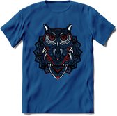 Uil - Dieren Mandala T-Shirt | Rood | Grappig Verjaardag Zentangle Dierenkop Cadeau Shirt | Dames - Heren - Unisex | Wildlife Tshirt Kleding Kado | - Donker Blauw - S