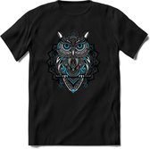 Uil - Dieren Mandala T-Shirt | Lichtblauw | Grappig Verjaardag Zentangle Dierenkop Cadeau Shirt | Dames - Heren - Unisex | Wildlife Tshirt Kleding Kado | - Zwart - 3XL