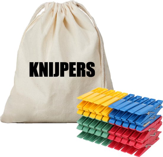 Canvas knijperzak/ opbergzakje knijpers wit/ offwhite met koord 25 x 30 cm en 100 plastic wasknijpers - Knijperzak met knijpers