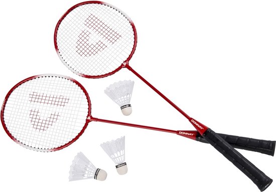 Foto: Donnay badmintonset rood met rackets shuttles en opbergtas 67 cm voordelige badminton set