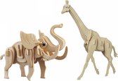Houten 3D savanne dieren puzzel set Giraffe en Olifant - Speelgoed bouwpakketten