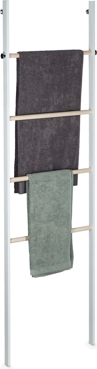 Relaxdays handdoekladder badkamer - handdoekhouder hout metaal - rek voor handdoeken - wit