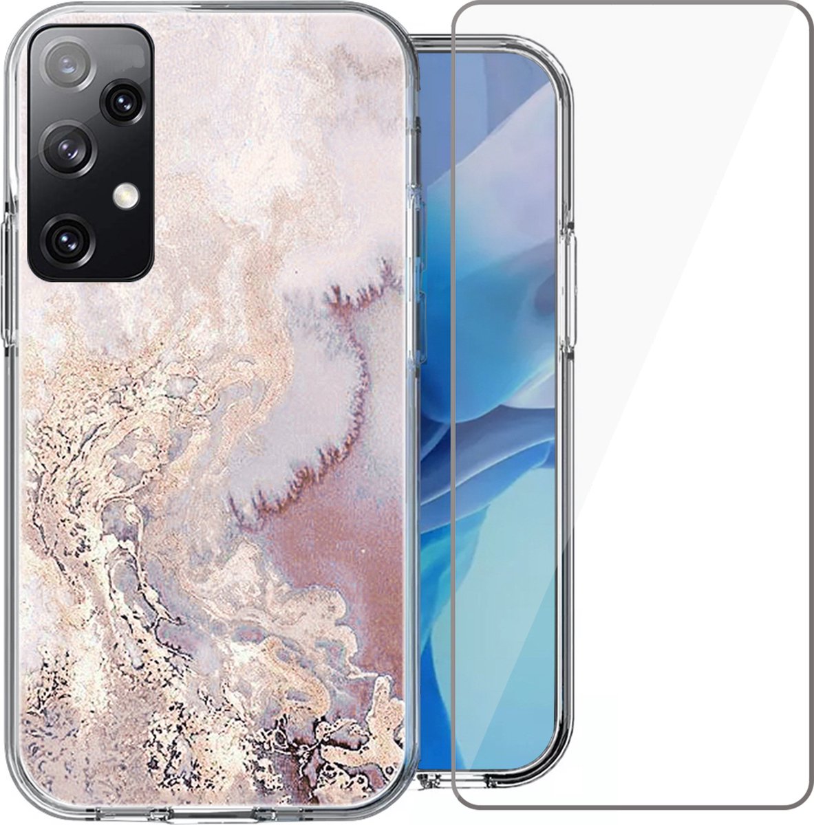 Hoesje geschikt voor Samsung Galaxy A53 - Siliconen Shock Proof Case Back Cover Hoes Marmer Roze + Screenprotector Gehard Glas Screen Protector