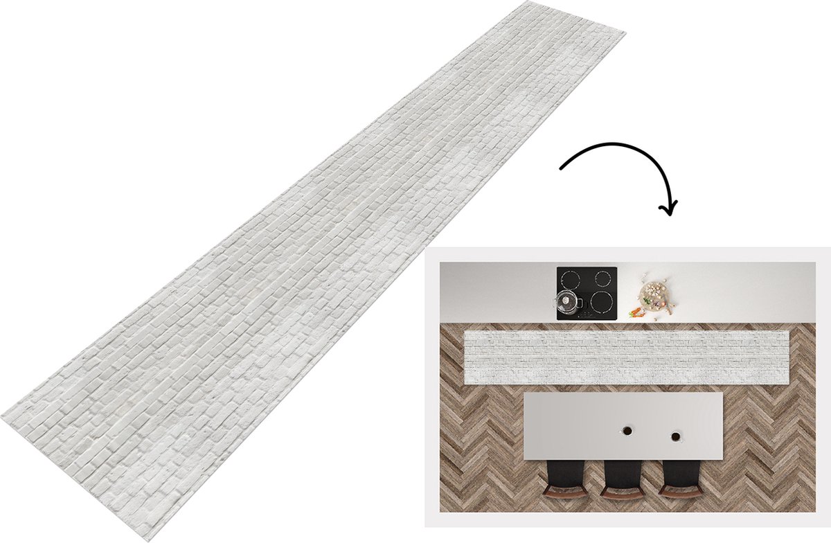 KitchenYeah Keukenloper - Keukenmat - Muur - Natuursteen - Wit - Patroon - Keuken vloerkleed Multicolor