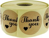 PrimeMatik - Ronde kraftpapier stickers "Thank You" 25 mm, rol van 500 etiketten, bruine kleur