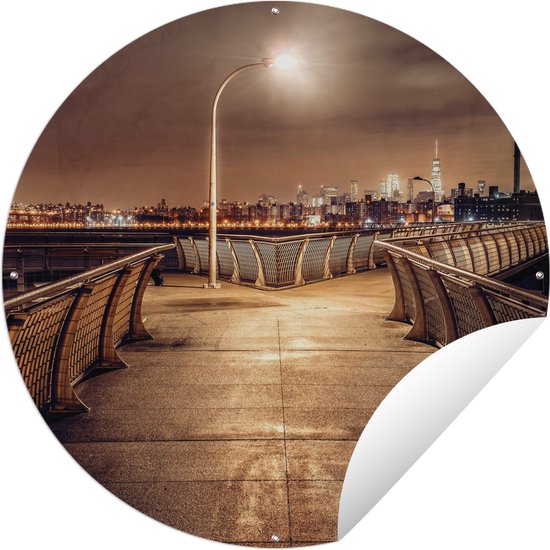 Foto: Tuincirkel stad lantaarnpaal nacht 90x90 cm ronde tuinposter buiten