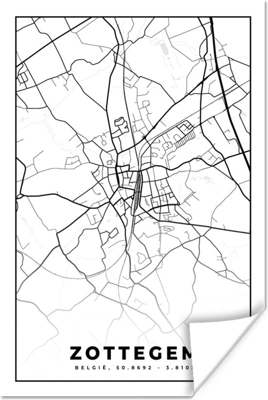 Poster Zwart Wit - België - Plattegrond - Stadskaart - Kaart - Zottegem