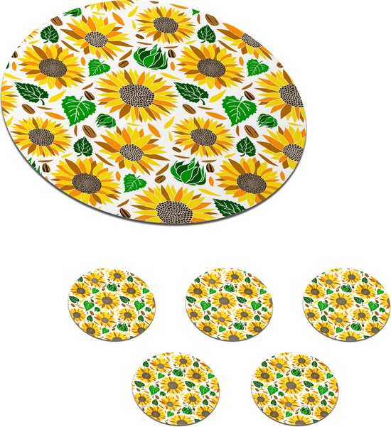 Onderzetters voor glazen - Rond - Zonnebloem - Bladeren - Patronen - 10x10 cm - Glasonderzetters - 6 stuks