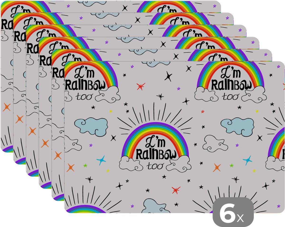 Placemat - Placemats kunststof - Regenboog - Wolken - Patroon - 45x30 cm - 6 stuks - Hittebestendig - Anti-Slip - Onderlegger - Afneembaar
