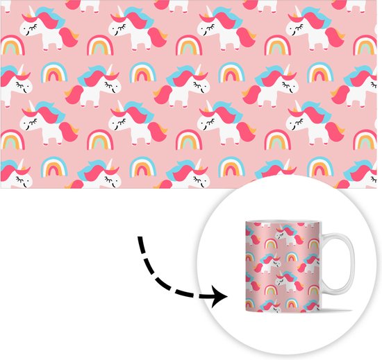 Roze mok met patroon van witte eenhoorns met rode manen en blauwe hoorns, en regenboogjes.