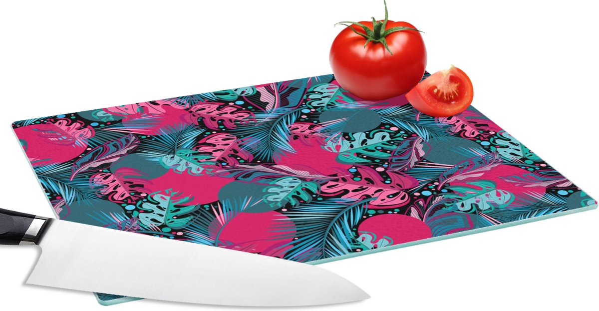 Glazen Snijplank - 28x20 - Bladeren - Hawaii - Design - Roze - Blauw - Snijplanken Glas