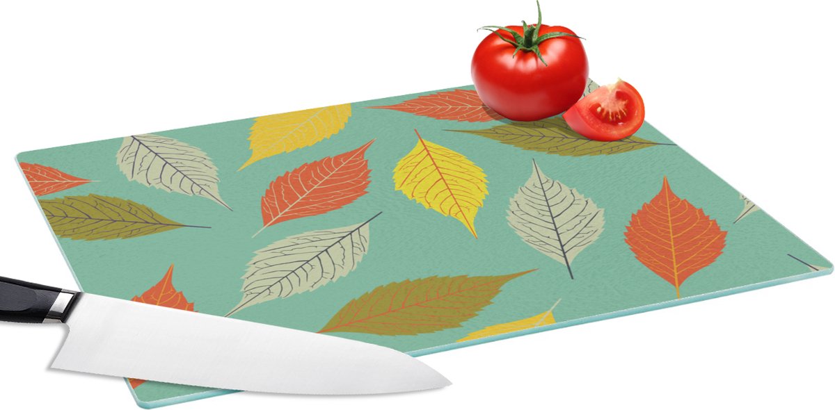 Glazen Snijplank - 39x28 - Bladeren - Herfst - Vintage - Pastel - Patroon - Snijplanken Glas