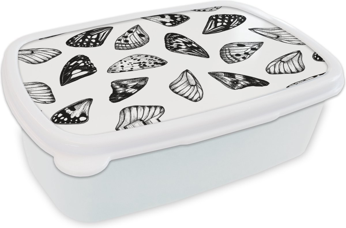Broodtrommel Wit - Lunchbox - Brooddoos - Vlinder - Vleugels - Patronen - 18x12x6 cm - Volwassenen