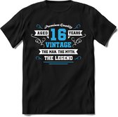 16 Jaar Legend - Feest kado T-Shirt Heren / Dames - Wit / Blauw - Perfect Verjaardag Cadeau Shirt - grappige Spreuken, Zinnen en Teksten. Maat M
