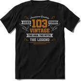 103 Jaar Legend - Feest kado T-Shirt Heren / Dames - Zilver / Goud - Perfect Verjaardag Cadeau Shirt - grappige Spreuken, Zinnen en Teksten. Maat XXL