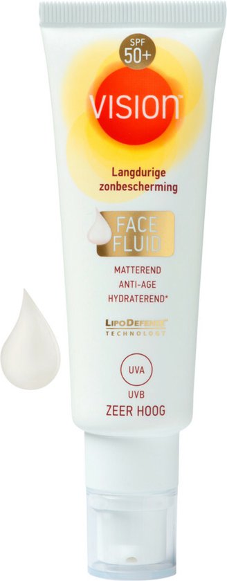 Vision Face Fluid SPF 50+ zonnebrandcrème in witte tube met oranje-gele opdruk. "Langdurige zonbescherming".