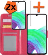 Hoesje Geschikt voor Samsung A33 Hoes Bookcase Flipcase Book Cover Met 2x Screenprotector - Hoes Geschikt voor Samsung Galaxy A33 Hoesje Book Case - Donkerroze