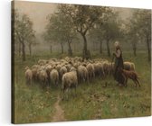 Artaza Canvas Schilderij Herderin met Kudde Schapen - Anton Mauve - 120x80 - Groot - Kunst - Wanddecoratie Woonkamer