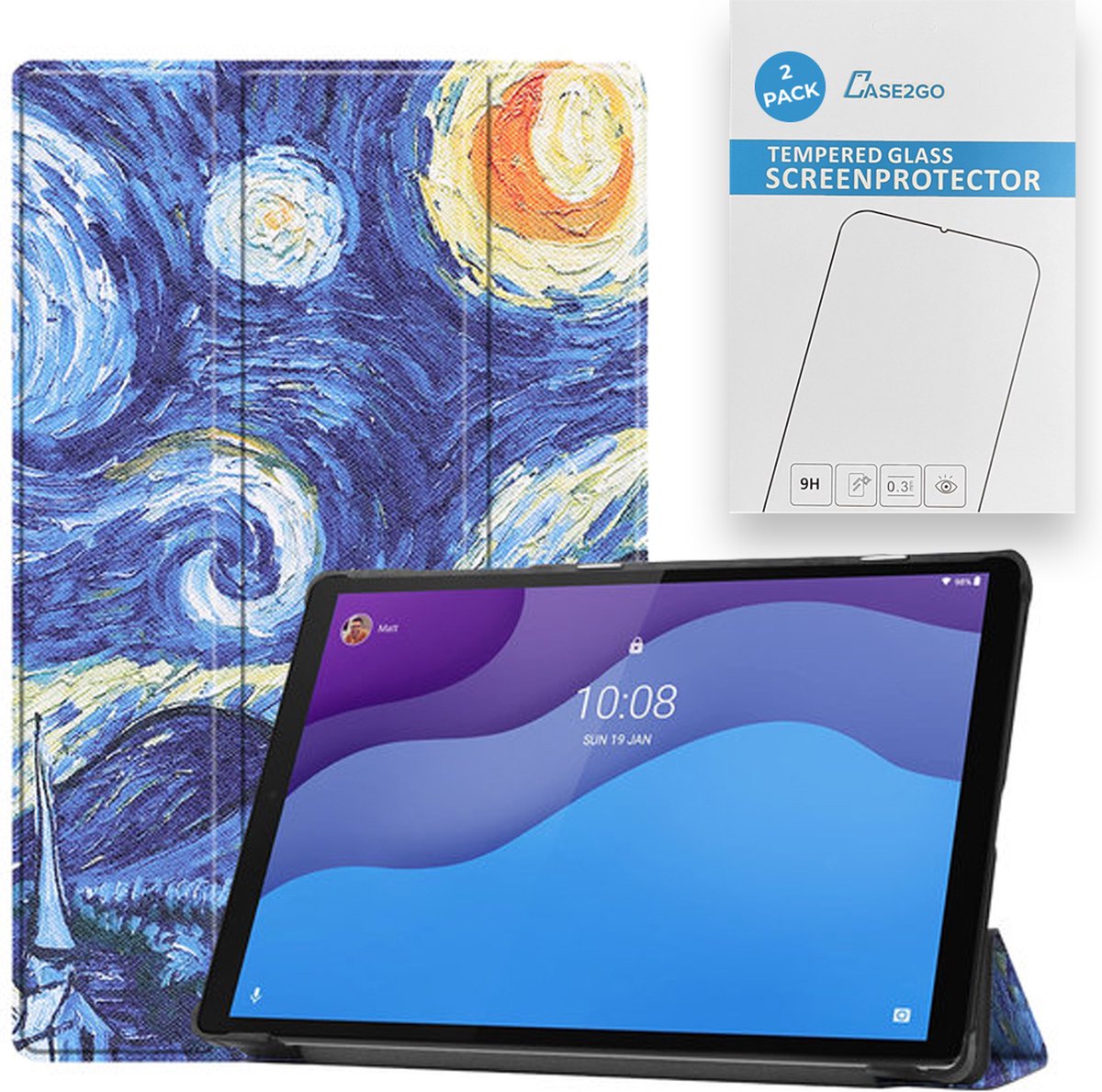 Tablet hoes & 2-Pack Screenprotector geschikt voor Lenovo Tab M10 - 10.1 Inch - Auto Wake/Sleep functie - Sterrenhemel