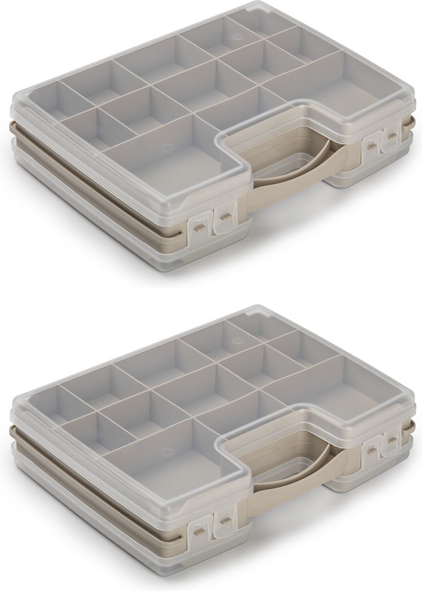 2x stuks opbergkoffertje/opbergdoos/sorteerboxen 21-vaks kunststof taupe 28 x 21 x 6 cm - Sorteerdoos kleine spulletjes