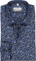 MARVELIS comfort fit overhemd - blauw met beige gebloemd - Strijkvrij - Boordmaat: 41