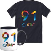 91 Jaar Vrolijke Verjaadag T-shirt met mok giftset Zwart | Verjaardag cadeau pakket set | Grappig feest shirt Heren – Dames – Unisex kleding | Koffie en thee mok | Maat L