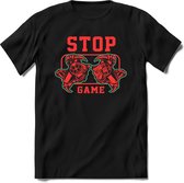 Stop and game | Gaming kado T-Shirt heren - dames | Petrol-Rood | Perfect game pc cadeau shirt | Grappige console spreuken - zinnen - teksten Maat M