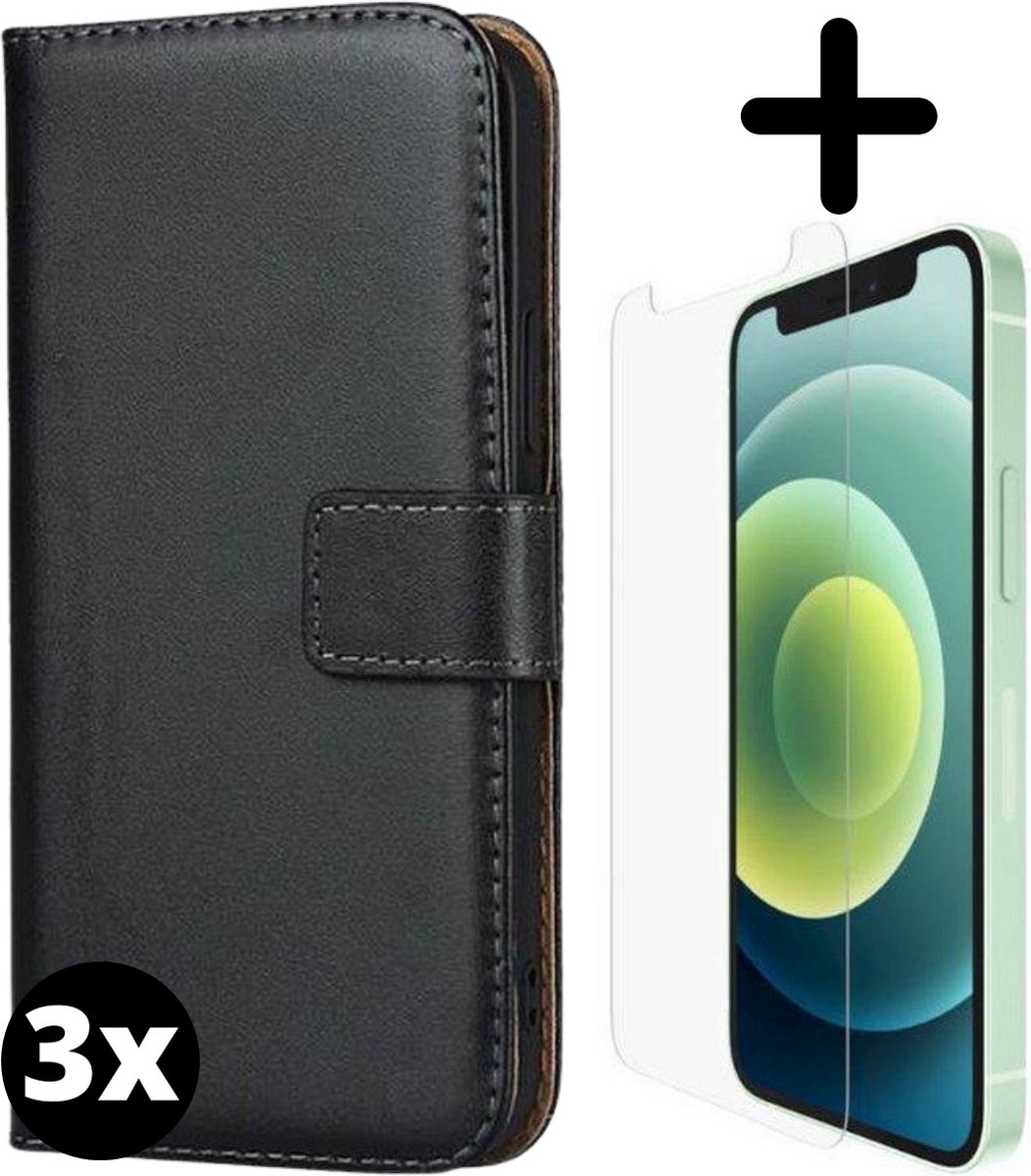 Fooniq Boek Hoesje Zwart 3x + Screenprotector 3x - Geschikt Voor Apple iPhone 12 Mini