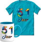 51 Jaar Vrolijke Verjaadag T-shirt met mok giftset Blauw | Verjaardag cadeau pakket set | Grappig feest shirt Heren – Dames – Unisex kleding | Koffie en thee mok | Maat L