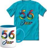 56 Jaar Vrolijke Verjaadag T-shirt met mok giftset Blauw | Verjaardag cadeau pakket set | Grappig feest shirt Heren – Dames – Unisex kleding | Koffie en thee mok | Maat S